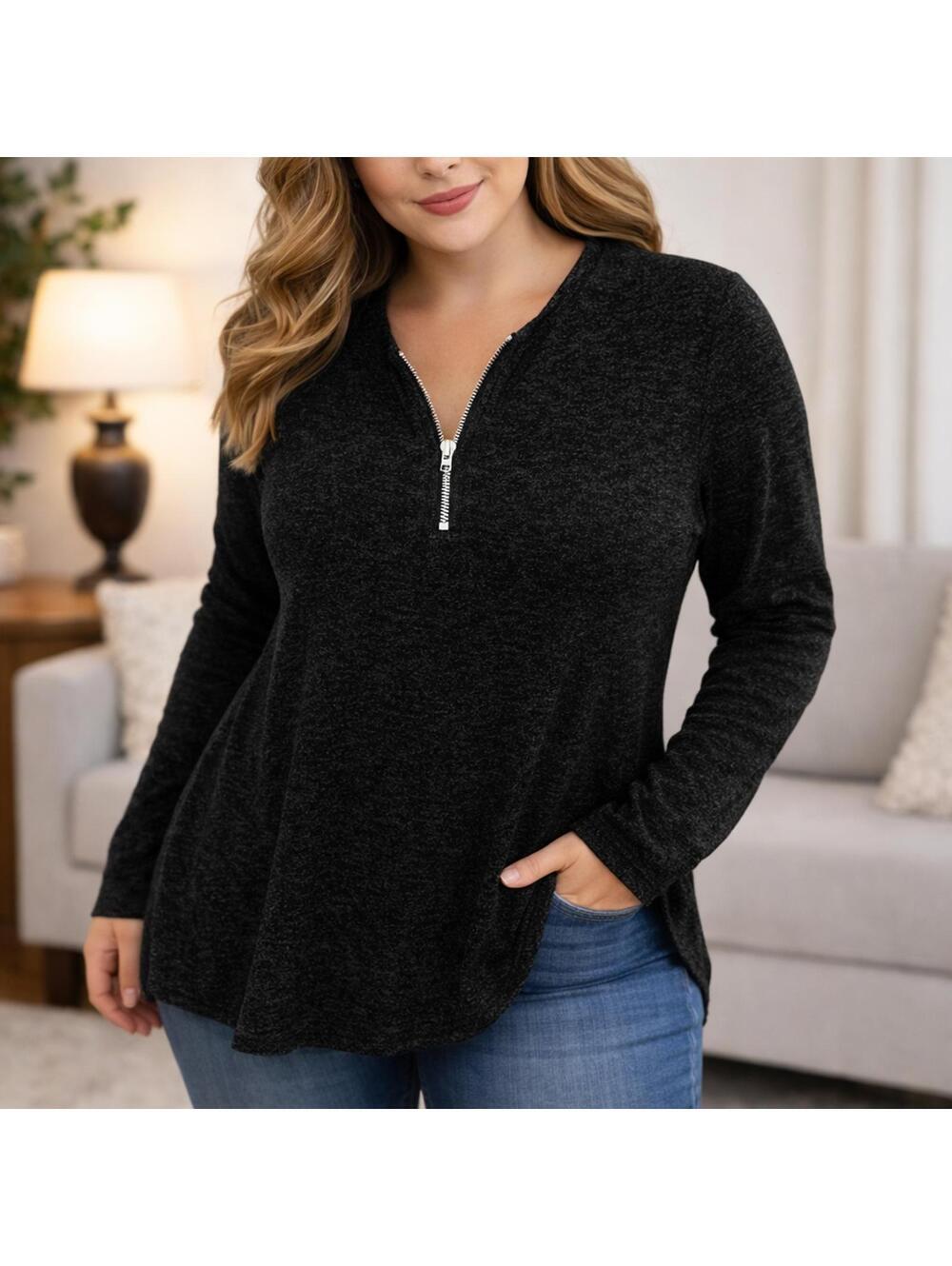 Lily Morgan Gray Zip Neck Long Sleeve Top Women’s Medium
